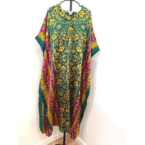 Winlar Vintage Floral Pattern Caftan Dress with Colorful Border